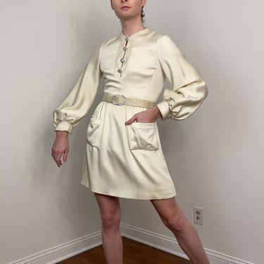 Late 60s Pat Sandler ivory satin mini dress with balloon sleeves 