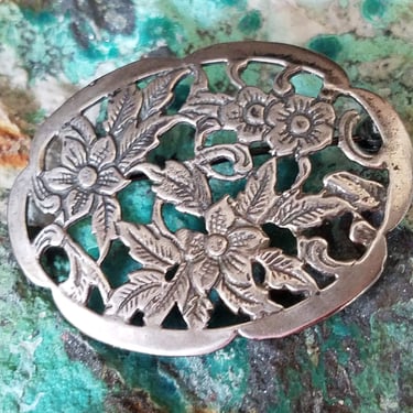 Vintage Sterling Floral Brooch~Art Nouveau Style Flower Brooch Sterling Silver 925 Openwork Brooch~Silver Oval Pin~JewelsandMetals 