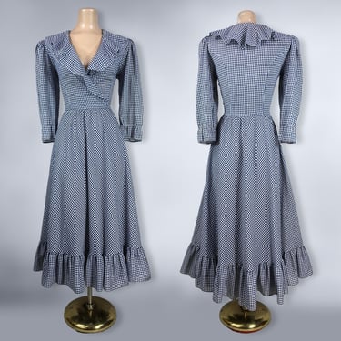 VINTAGE 70s Navy Blue & White Gingham Check Prairie Dress with Pockets By Popi | 1970s Ruffled BOHO Cottage Dress | VFG 