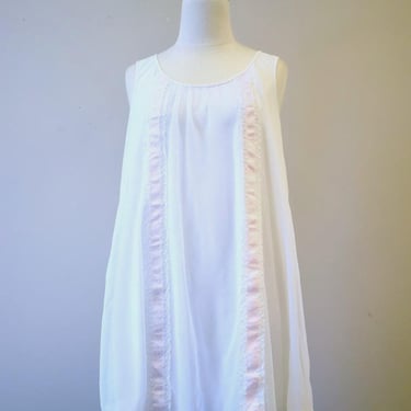1960s White Short Night Gown with Pink Ribbon Trim 
