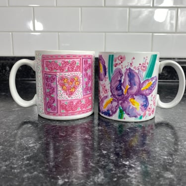 Vintage Russ Berrie Floral Heart Mug set of 2, Pink, Purple & Blue Spring Floral Love Mugs, Y2k 1990s Coffee Mugs, Purple Lilac, Hearts 