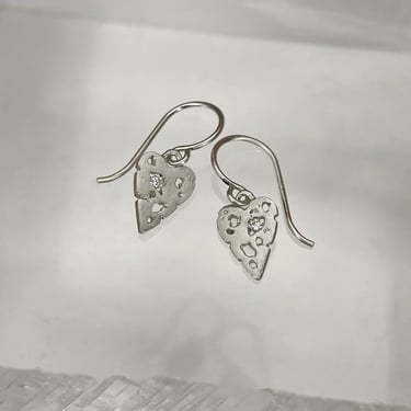 Mini Shadow Heart  Wire Earrings - Silver + Diamond