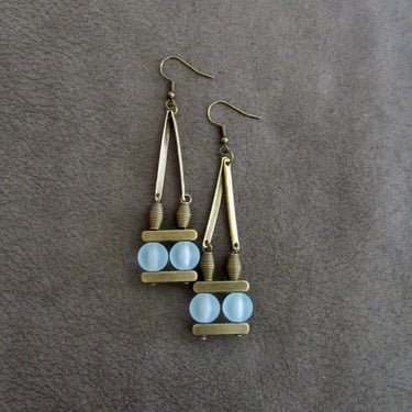 Mid century modern earrings, Brutalist earrings, minimalist earrings, ice pale blue unique artisan earrings, frosted sea glass earring 333 