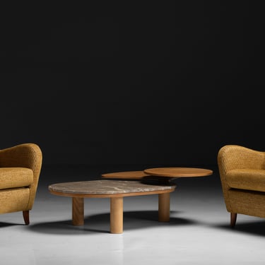 Modern Armchairs / Oak &amp; Marble Coffee Table