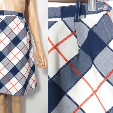 Vintage 60s Mod Plaid Red White And Blue High Waist A Line Midi Skirt Size 23 Waist 