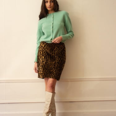 1990s Andrea Behar Faux Fur Leopard Print Pencil Skirt 