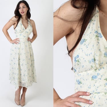 70s Summer Prairiecore Halter Dress / Calico Floral Prairie Style / Picnic Open Back Mid Length Sun Dress 