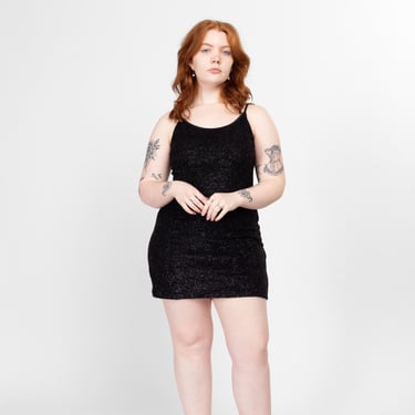 Med-Lrg 90s Black Tinsel Knit Bodycon Mini Dress | Vintage Spaghetti Strap Stretchy Fitted Cocktail Party Dress 