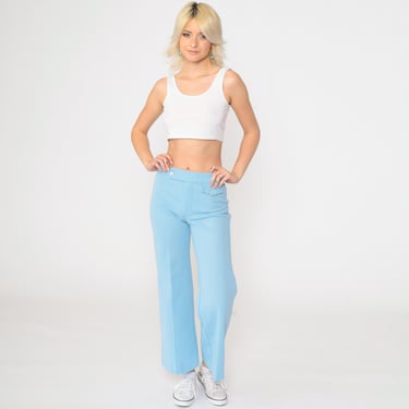 70s Flared Pants Baby Blue Polyester High Waisted Trousers Boho 1970s High Waist Hippie Vintage Bell Bottom Bohemian Small 