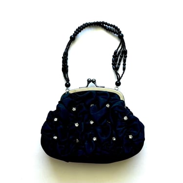 Vintage 90s Jessica McClintock Rhinestone Satin Mini Bag 1990s Black Ruffle Clutch Handbag Purse 