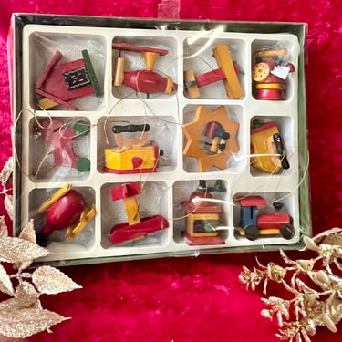 Vintage Wood Ornaments, Set of 12, Original Box, Christmas Tree Holiday Decor 