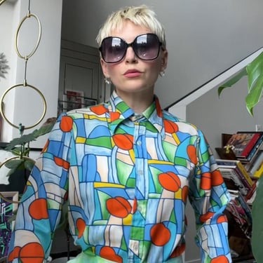 VTG 70s Stained Glass Peach Window Blouse 
