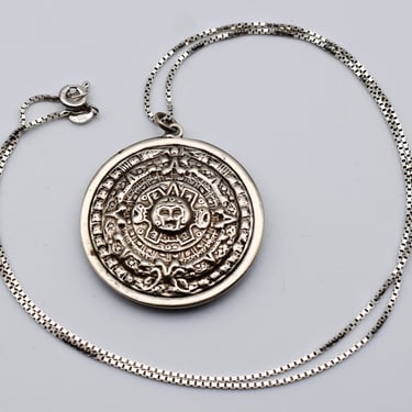 80's sterling two sided Mayan calendar disc pendant, detailed convex 925 silver box chain necklace 