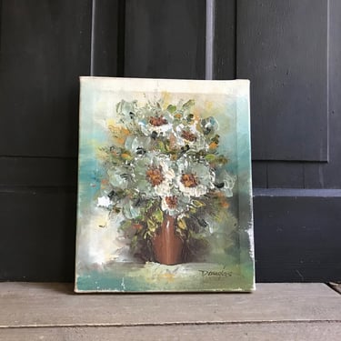Floral Oil Painting on Canvas, Vintage Artwork, Unframed Art, Signed, English Cottage Farmhouse Wall Decor 