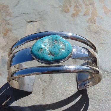 Jimmie King Jr. ~ Navajo Sterling and Turquoise Wide Split Band Cuff Bracelet 