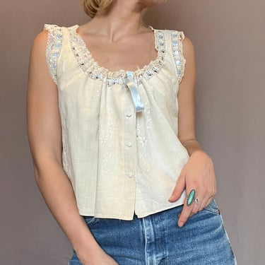 1910/20's Button Front Edwardian Camisole w Baby Blue Ribbon (M/L)