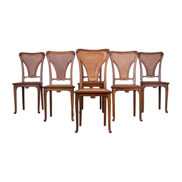 Antique French Art Nouveau Walnut and Cane Dining Chairs - Set of 6 