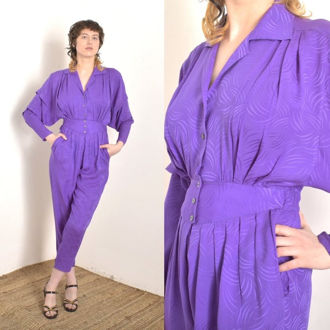 Vintage 1980s Jumpsuit / 80s Silk Batwing Sleeve Jumpsuit / Purple ( small S ) 