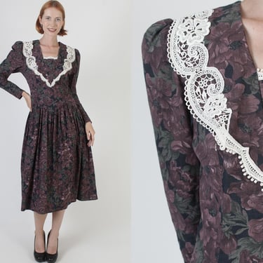 80s Jessica McClintock Garden Floral Dress / Gunne Sax Country Folk Picnic Outfit / Victorian Rose Print Wide Lace Collar 