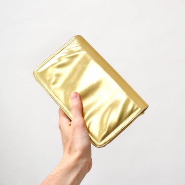 Vintage Gold Leather Clutch Purse Hand Bag// Vintage Metallic Gold Leather Bag Purse Evening Bag 