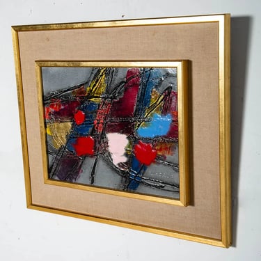 Mid Century Modern Enamel Painting Art Signed Abstract Expressionism Frame Signd