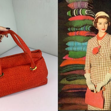 Alice Frisbee Had Her Moments - Vintage 1950s 1960s Bright Orange Wool Tweed Double Handle Handbag 
