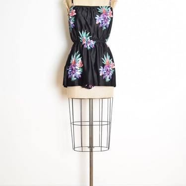 vintage 80s swimsuit set two piece black hawaiian bird print top bathing suit M 