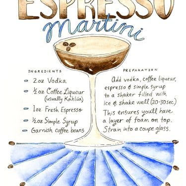 Espresso Martini Cocktail Recipe Watercolor Art Print