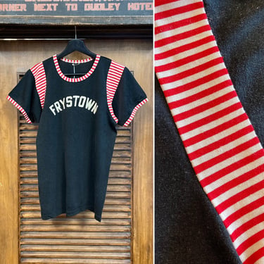 Vintage 1950’s Two-Tone Athletic Sports Flocked Durene Jersey Shirt, 50’s Tee Shirt, Vintage Clothing 