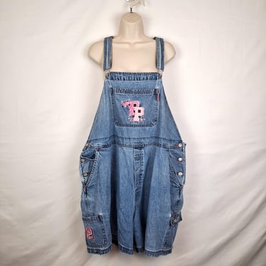 Vintage 90s Pink Panther Denim Shorts Overalls, Plus Size 