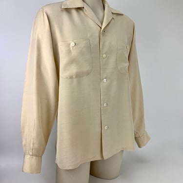 1940's Light Weight SILK Shirt - Light Sand Color - Patch Pockets  - Loop Collar - French Seams - Men's Size Medium 
