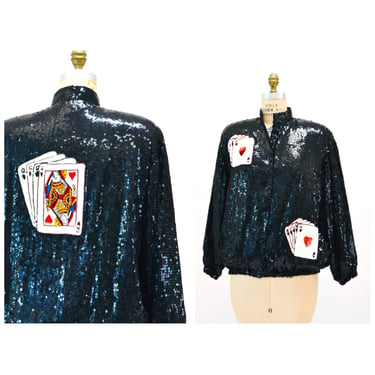 80s 90s Vintage Black Sequin Jacket Medium Large by Jeanette Kastenberg St Martin Deck Of Cards Queen of hearts Las Vegas Gambling Cards 