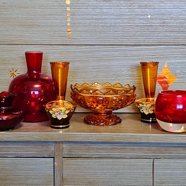 Modern Boho Red and Gold Colorful Glass Vase Bottle Set Decor Glassware 