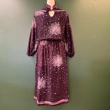 70s purple floral dress vintage boho disco frock large 