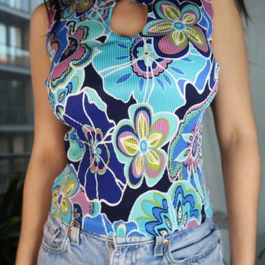 Vintage 2000s Blue Floral Crepe Top