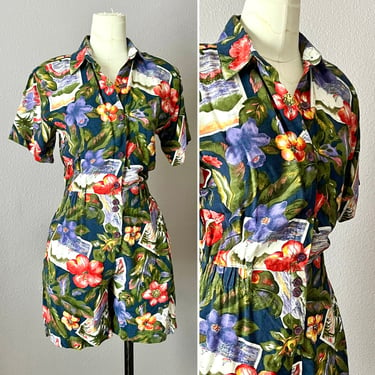 Vintage Romper Shorts, One Piece Jumpsuit, Tropical Floral Botanical, Soft Knit, Button Down Front, Size S 