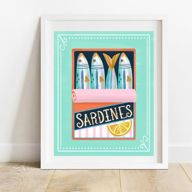 Vintage Sardine Tin 8 X 10 Art Print/ Mid Century Modern Style Kitchen Print/ Food Illustration/ Colorful Seafood Wall Art 