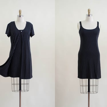 black striped mini dress | 90s y2k black white stretchy short vintage dress 