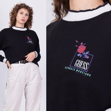 80s Guess Georges Marciano Sweatshirt - Medium | Vintage Black Streetwear Rose Graphic Pullover 