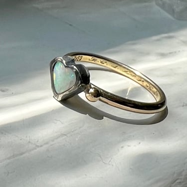 Handmade Opal Heart Bezel Ring on Vintage Engraved Round 14k Gold Wedding Band Australian Opal Heart Ring 