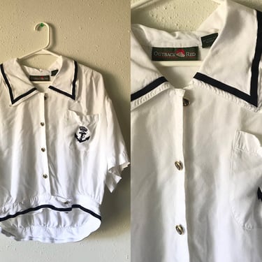 Vintage navy nautical sailor inspired white collared button down blouse medium 