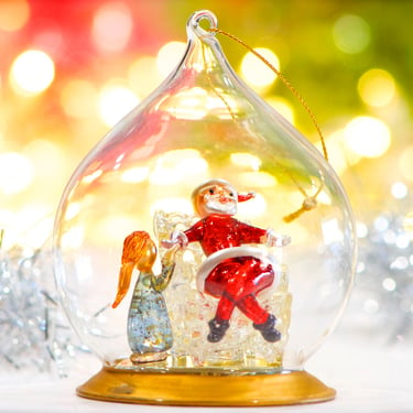 VINTAGE: Spunglass Santa with Girl in Clear Glass Globe - Spun Glass - Glass Ornaments - Clear Glass Ornaments - SKU 30-401-00033635 