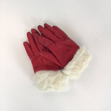 Vintage 60s Gloves | Vintage red leather White fur gloves | 1960s Paolo Vico gloves 