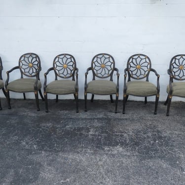 Hollywood Regency Distressed Painted Black Dining Chairs Set of Six 4678
