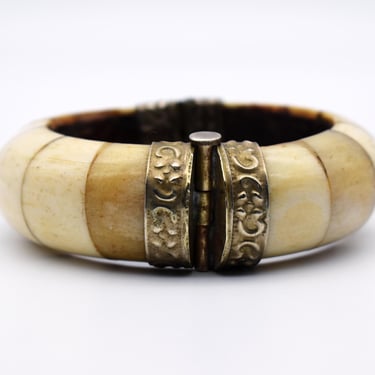 Chunky 70's bone brass wood ethnic clasp bangle, big mixed media tribal boho statement bracelet 