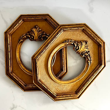 Pair of Ornate Vintage Gold Unique Picture Art Frames Velvet Border Oval Octagon 