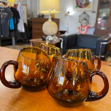 Vintage Blenko-Like Asymetrical Amber Glass Mugs