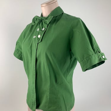 1940'S-50'S Double Breasted Blouse - Collar with Bow - Deep Green - All Cotton  - Puffy Sleeves with Button Tabs - Size Medium 