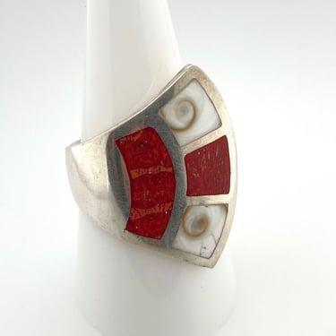 Vintage Modernist Abstract Red Coral Shell Inlay Sterling Silver Wrap Ring Sz 9.25 