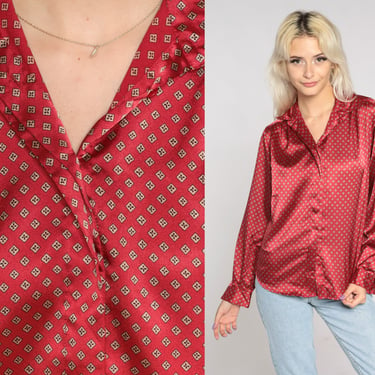 90s Geometric Blouse Red Satin Shirt Abstract Pattern Button Up Blouse Retro Long Sleeve Silky Shirt Vintage 1990s Small 4 S 